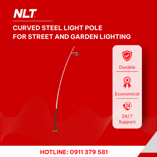 Curved steel light pole for street and garden lighting