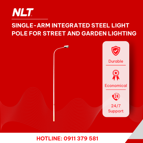 Single-arm integrated steel light pole for street and garden lighting