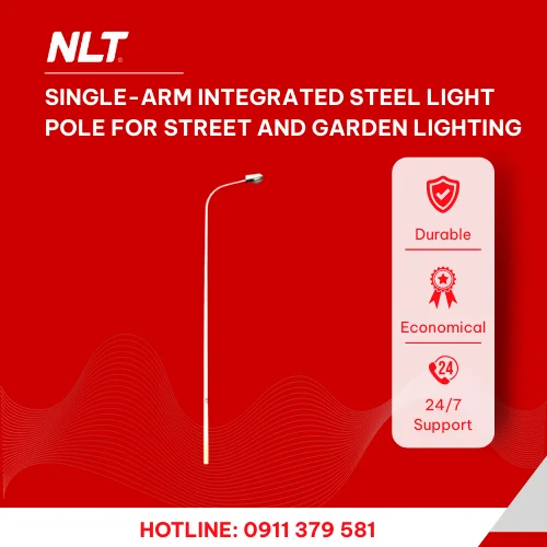 Single-arm integrated steel light pole for street and garden lighting