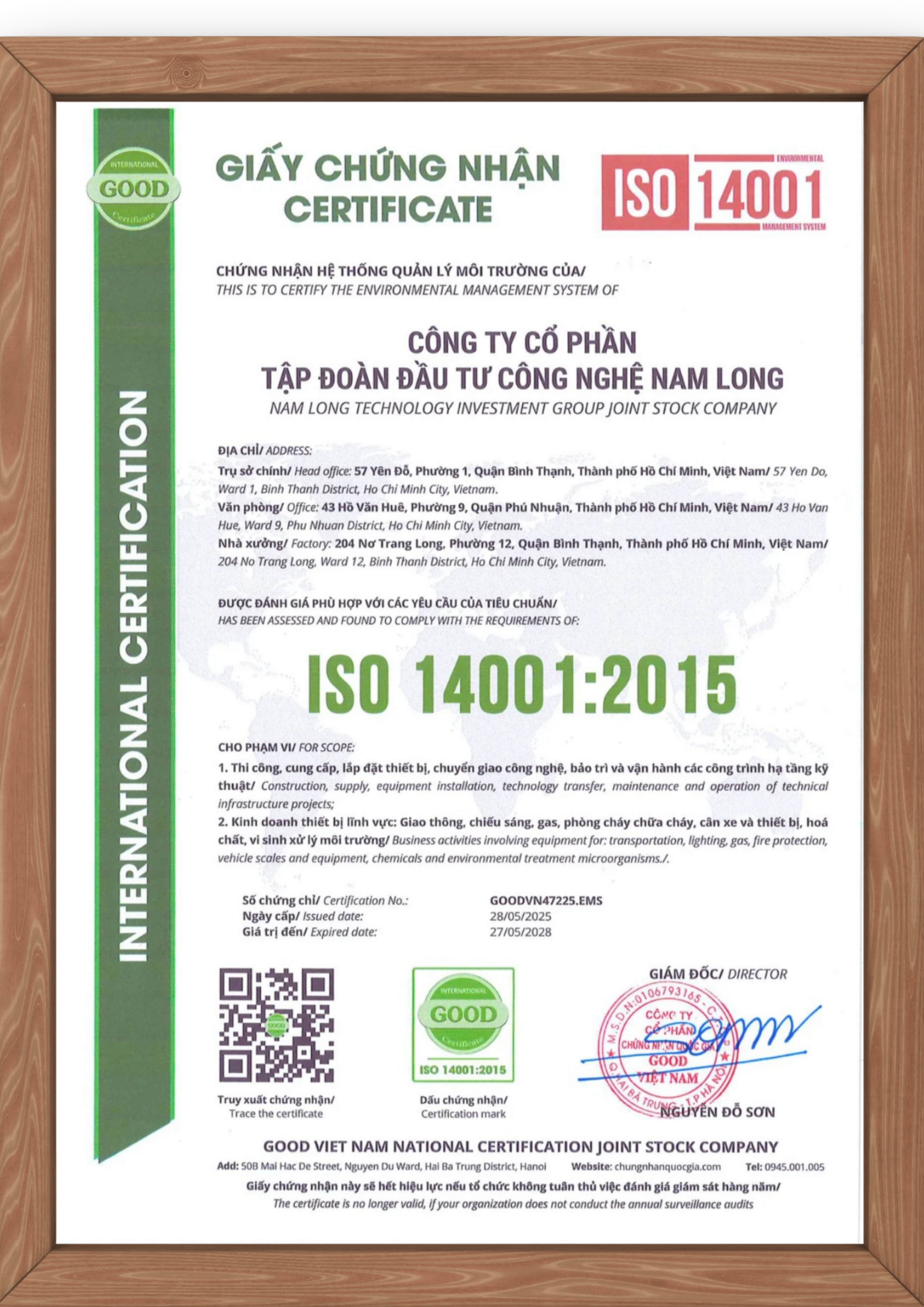 Giấy chứng nhận NLT Group đạt tiêu chuẩn ISO 14001:2015