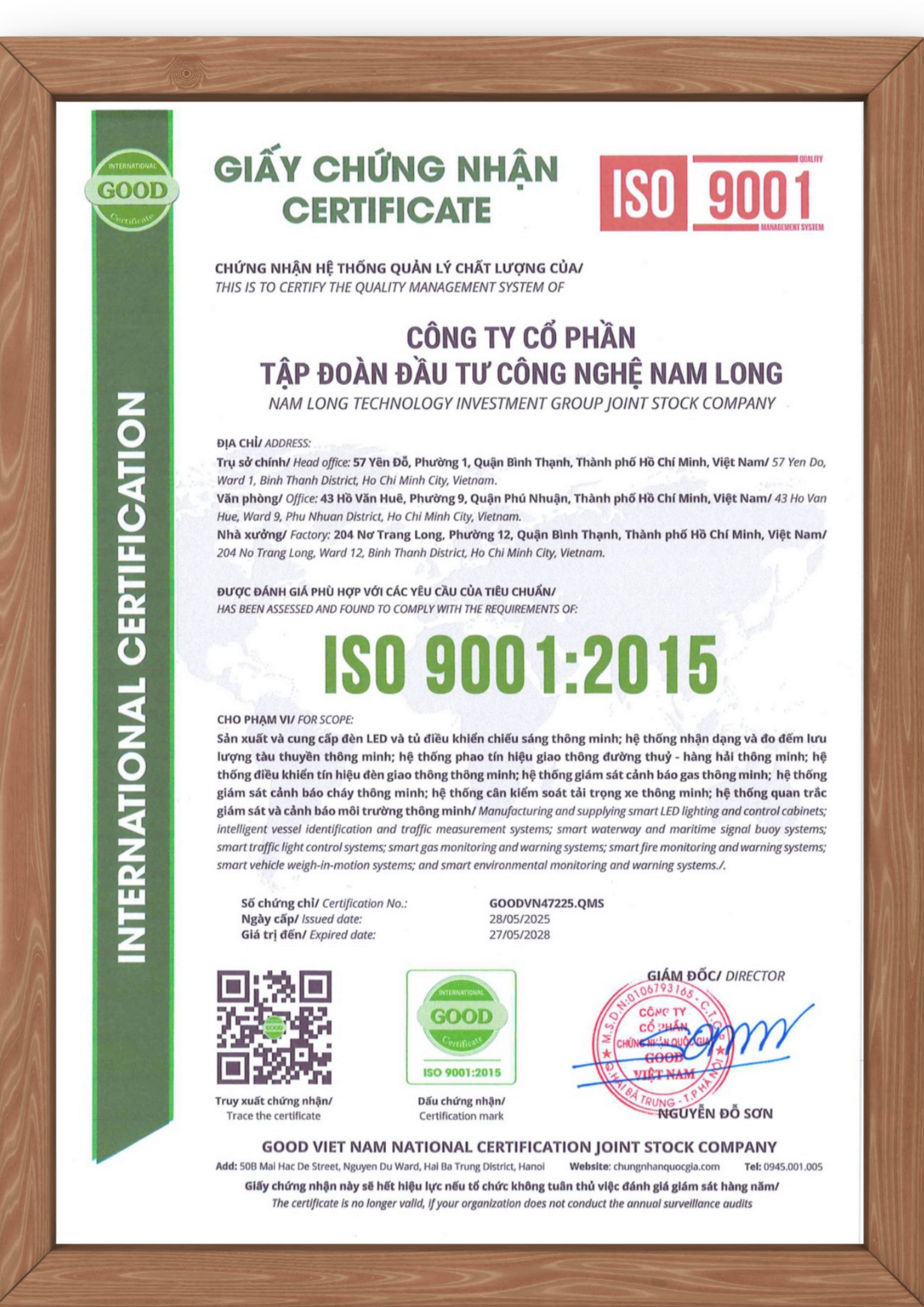 Giấy chứng nhận NLT Group đạt tiêu chuẩn ISO 9001:2025
