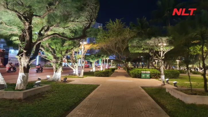 Hệ thống uplight và đèn cọc làm nổi bật cây xanh dẫn hướng lối dạo công viên ban đêm