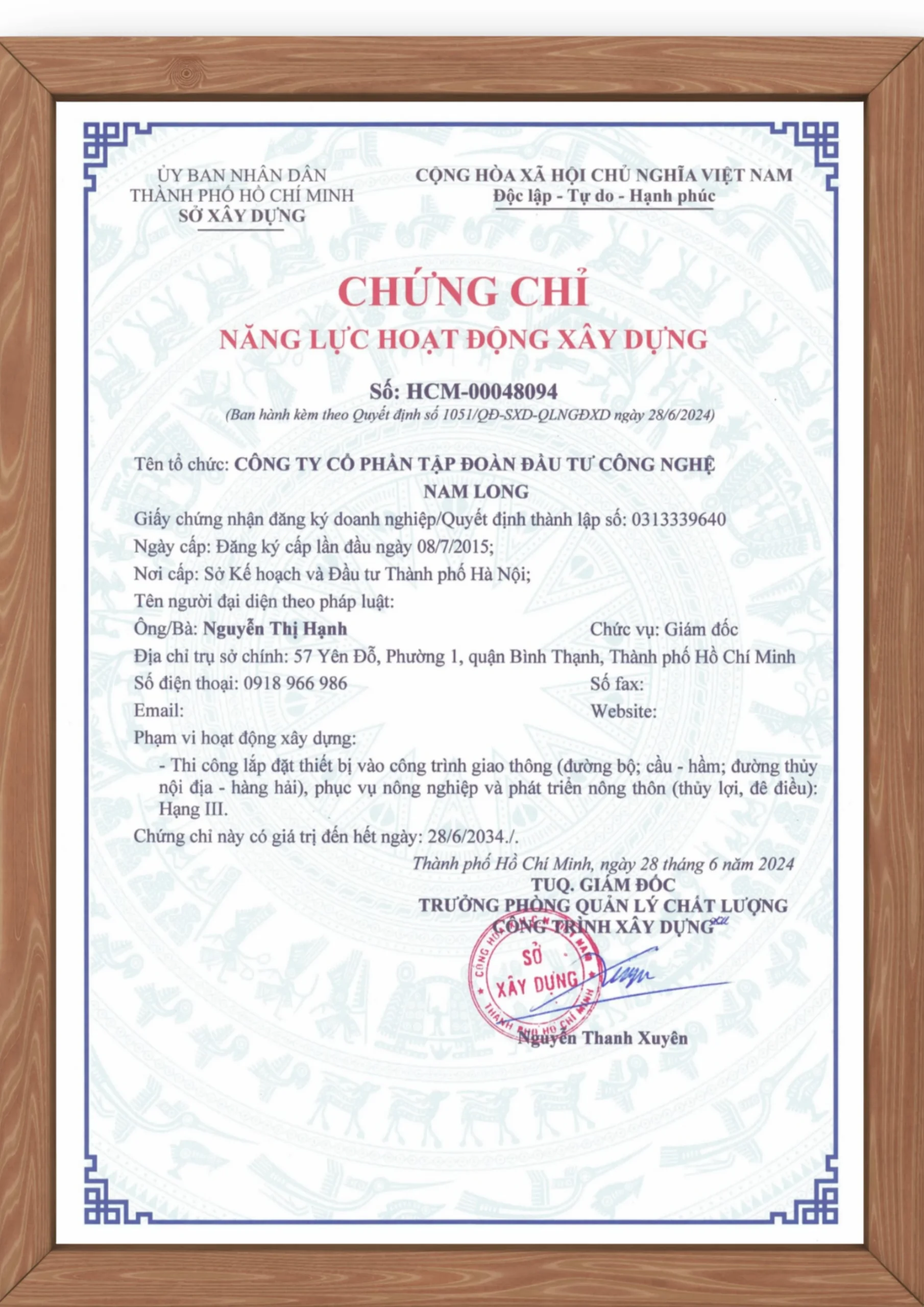 Chứng chỉ năng lực xây dựng công trình giao thông của NLT Group