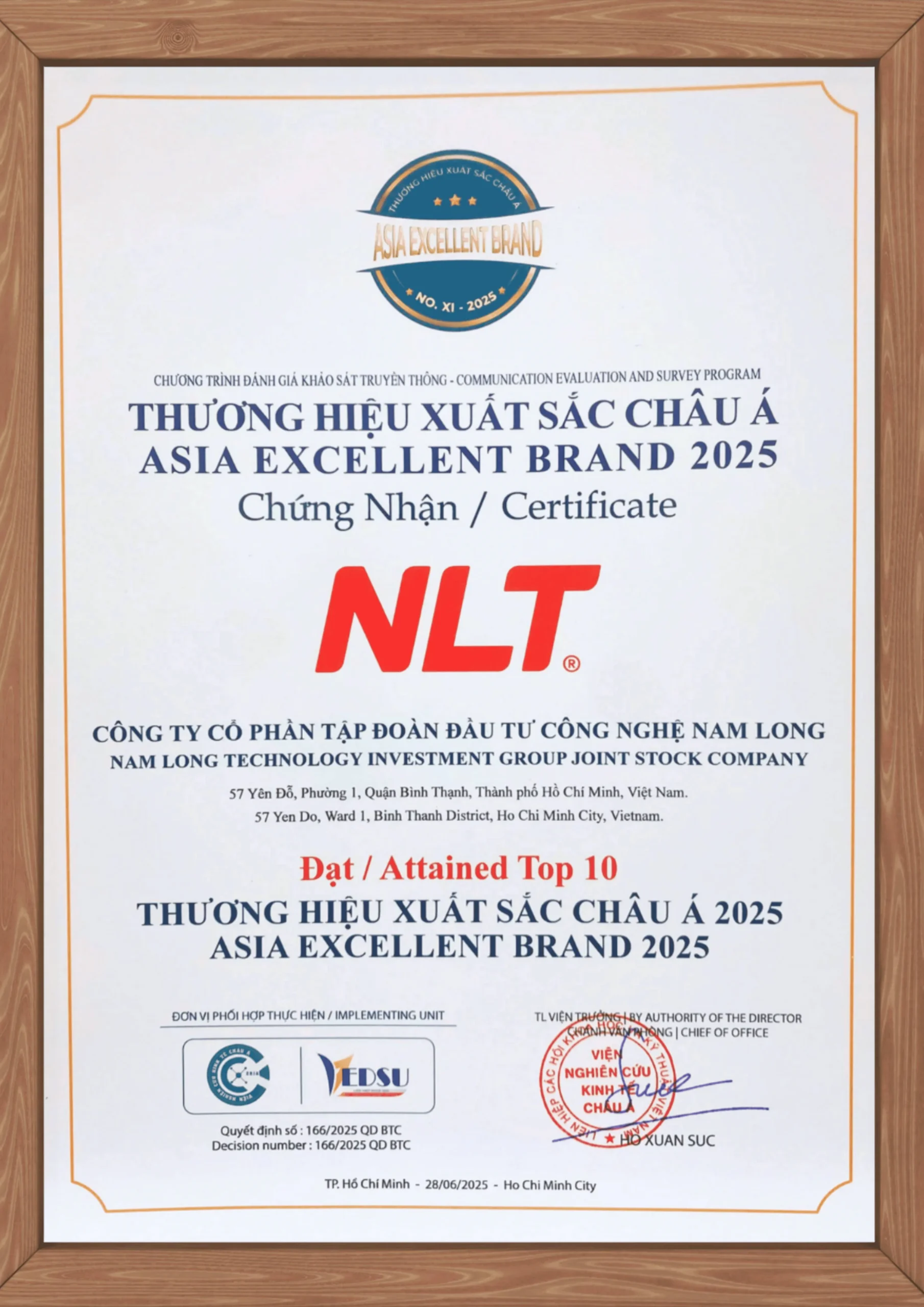 Giải thưởng Thương hiệu xuất sắc Châu Á Asia Excellent Brand 2025 - NLT Group