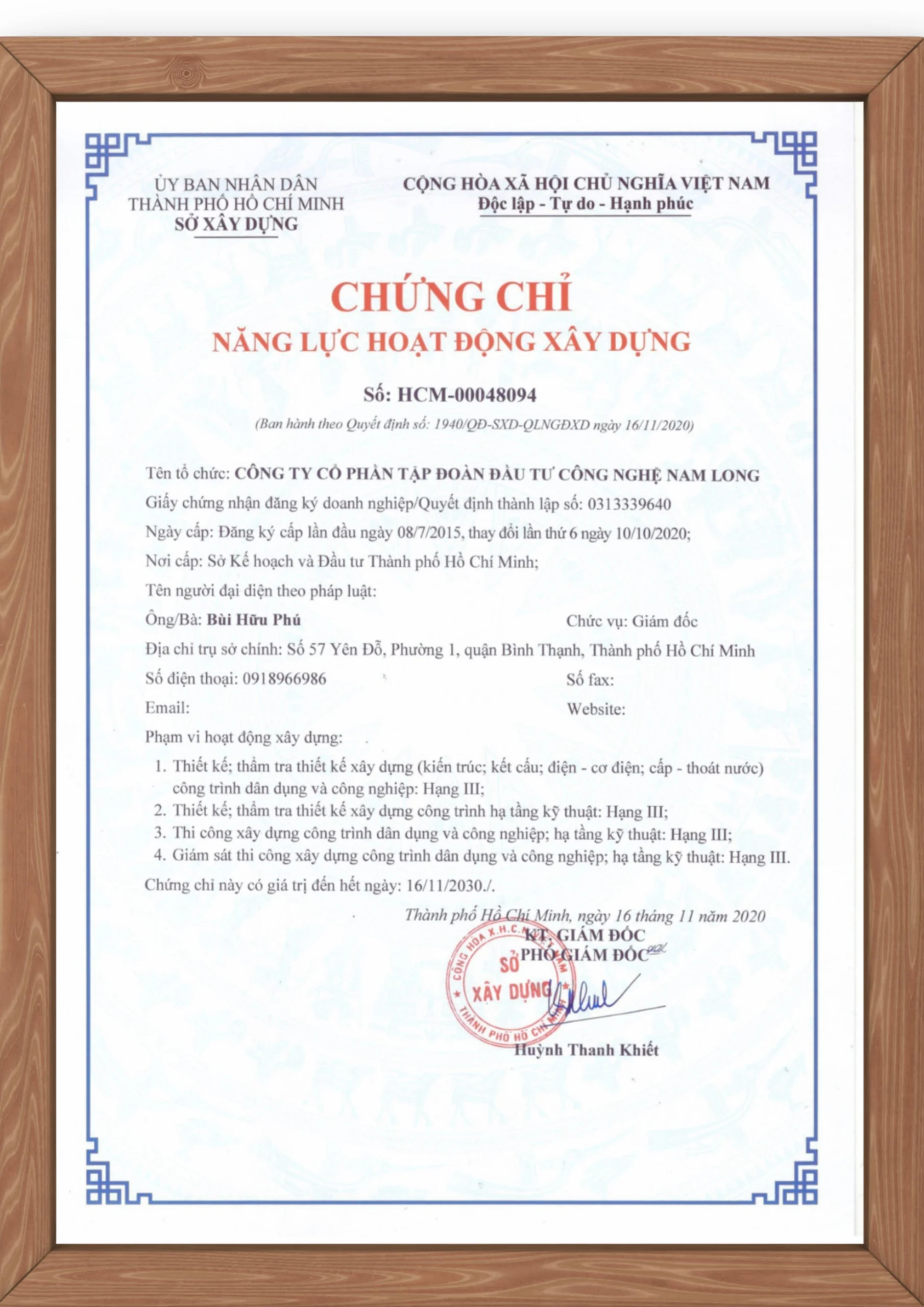 Chứng chỉ năng lực xây dựng hạ tầng kỹ thuật của NLT Group