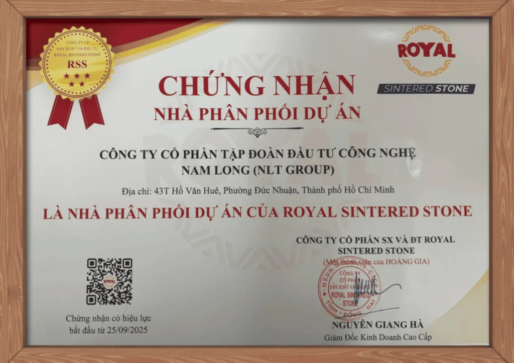 Giấy chứng nhận NLT Group trở thành Nhà phân phối dự án Royal Sintered Stone