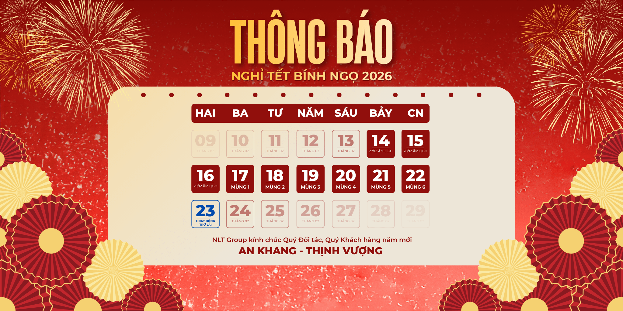 NLT Group thông báo lịch nghỉ Tết Bính Ngọ 2026