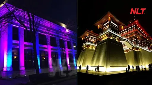 Đèn LED chiếu rọi tia, chiếu xa nổi bật đường nét kiến trúc cao tầng về đêm